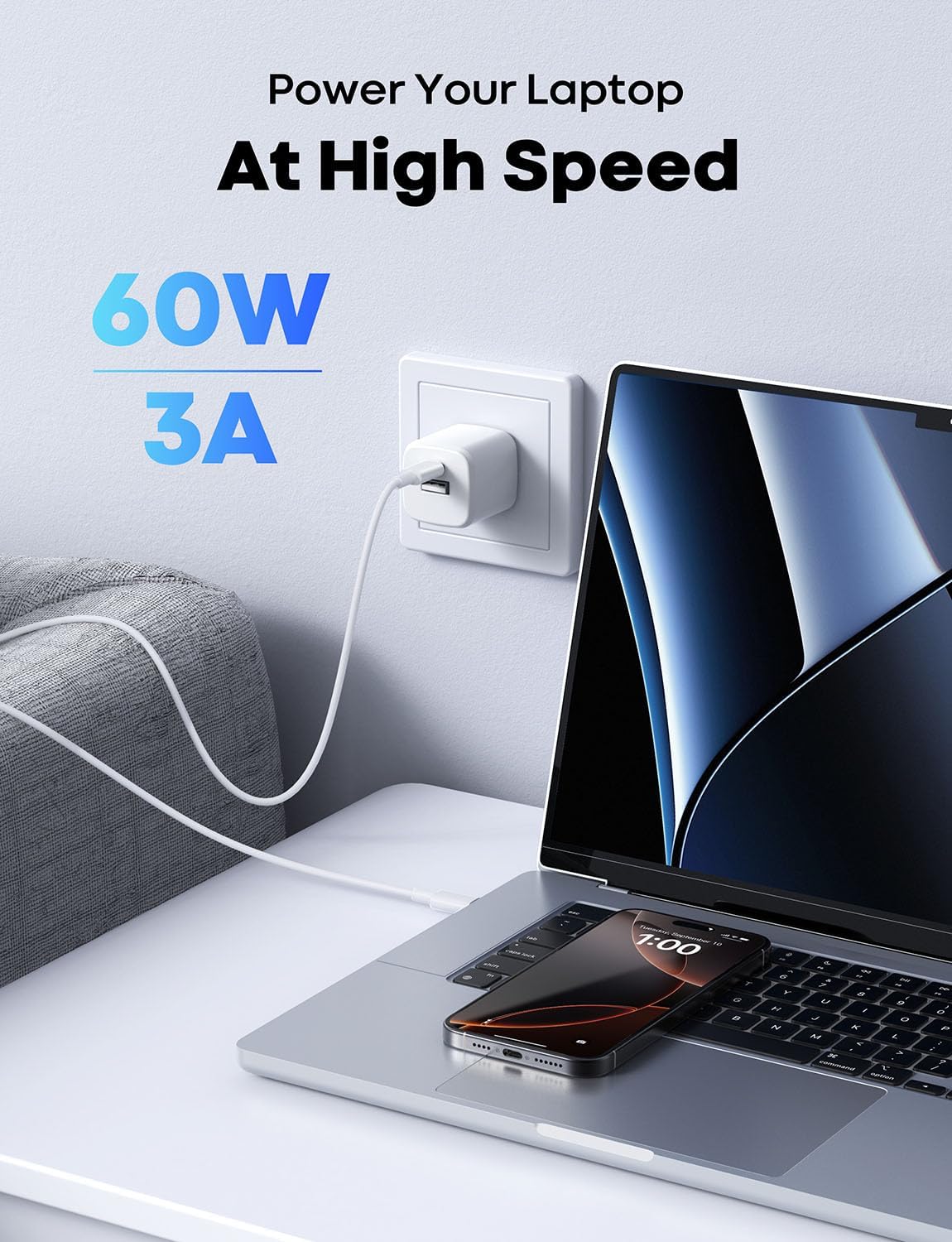 CLEEFUN USB-C kabel, wit, 1 m, 2 stuks, PD 60 W USB C naar USB C snellaadkabel voor iPhone 16/16 Pro/16 Plus/15/15 Pro/15 Pro Max, iPad 10e genen, iPad Air/Pro, MacBook Air/Pro enz