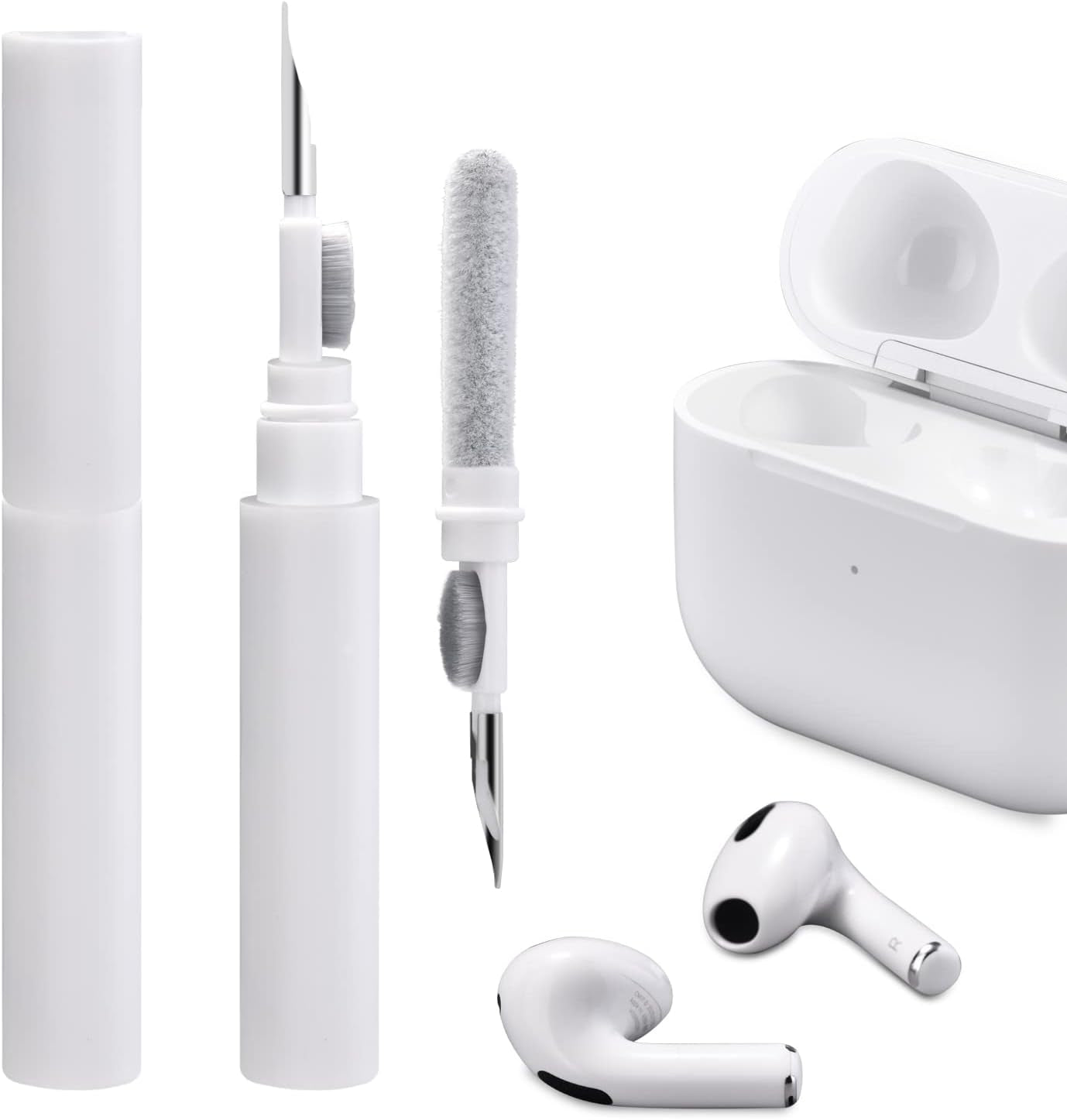 ICARER Clean Kit Für Airpods Pro 3 2025 Airpods Pro 2/Pro Airpods 2/3/4, 3 in 1 Multifunktions Kopfhörer Reinigungsset Werkzeug Weiche Bürste Beflockungsschwamm Für Airpods Iphone Kamera Tastatur-Weiß