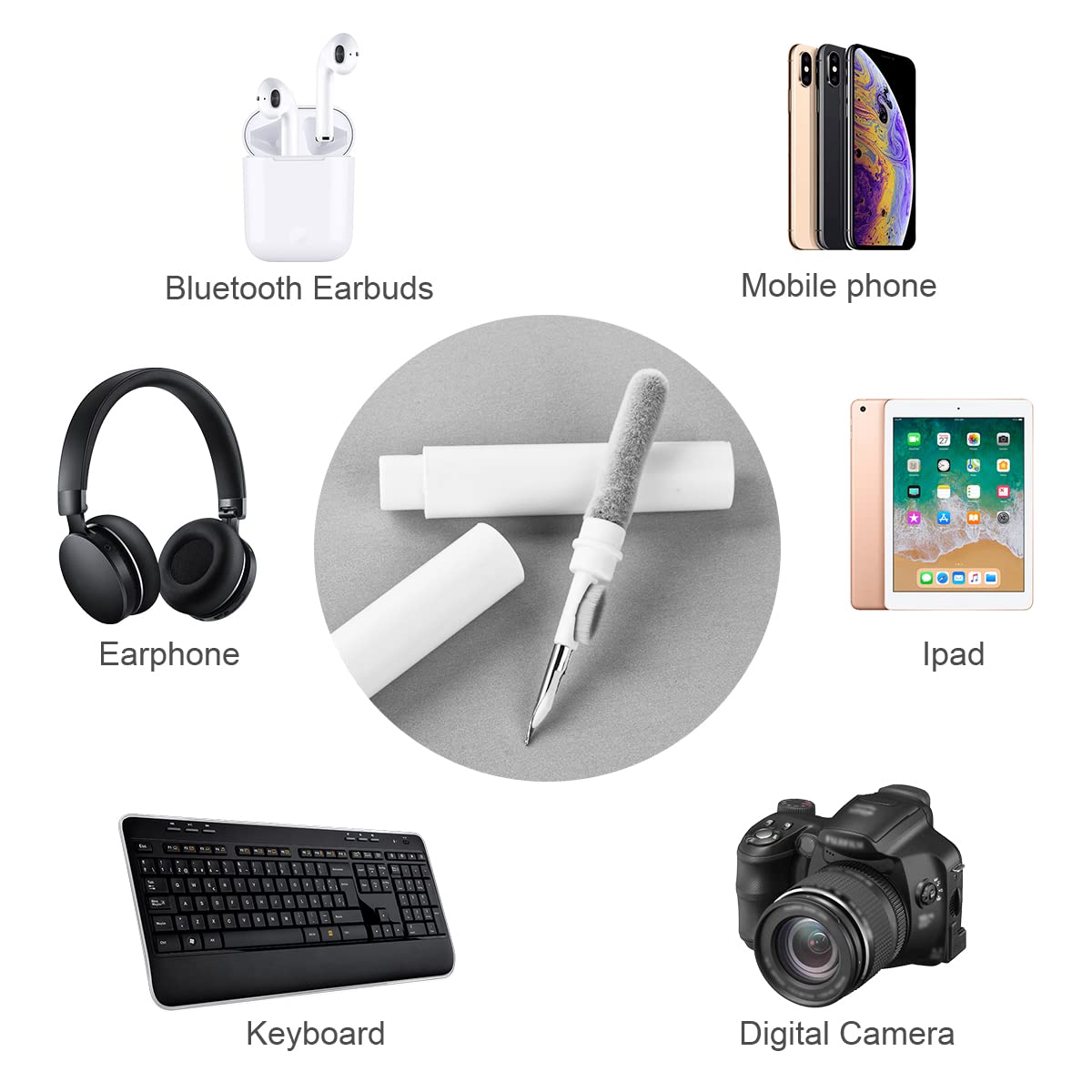 Vicloon Draadloze oordopjes schone pen, 3 in 1 Cleaner Kit, Multifunctionele Oortelefoon Reinigingsset, Voor Reinigingspen Bluetooth Oortelefoon, Oplaadhoesje, Toetsenbord, Camera, Telefoon.