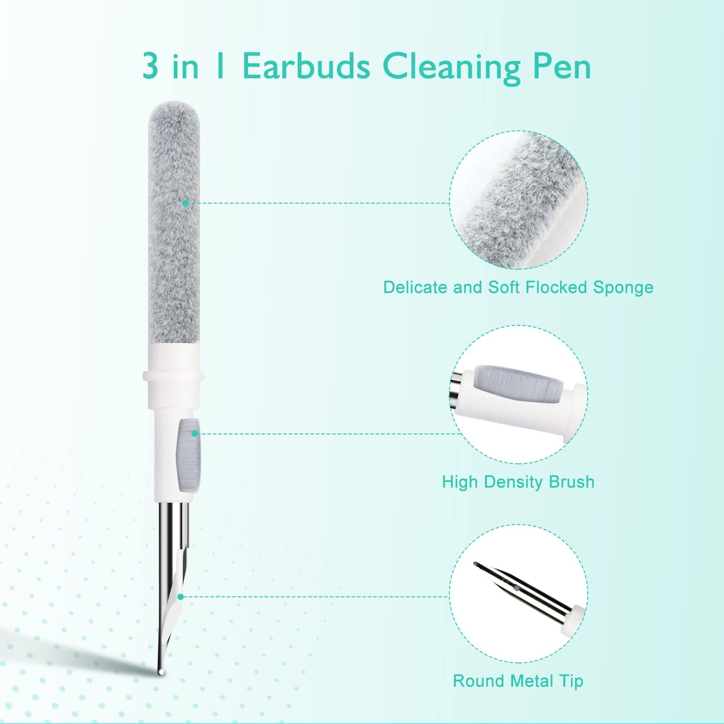 JOPHEK Multifunctionele Bluetooth hoofdtelefoonreinigingsset, 3-in-1 bevlokkingsspons, borstel met hoge dichtheid metalen punt, reinigingsstift, compatibel met Airpods 1 2 3 Pro Max Free 2 Galaxy Buds Live