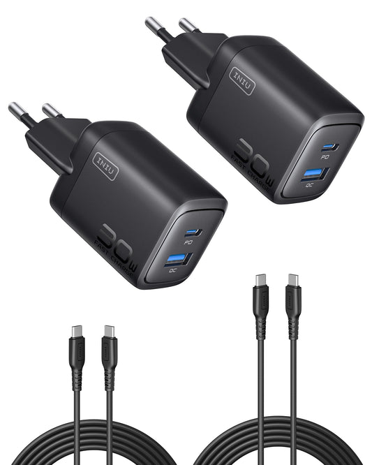 INIU 30W USB C Oplader 2-Pack, [USB C + A] Meervoudige Voedingsadapter met USB-C Kabel, PD 3.0 Snellader Stekker USB C-Adapter voor iPhone 17 16 15 14 13 Pro Max iPad Samsung Glaxy S25 S24 Xiaomi enz